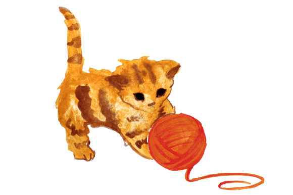 Cat Playing with Ball of Yarn in Watercolor Style