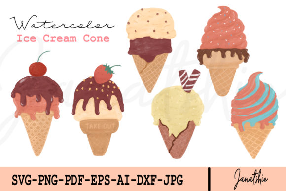 Ice Cream Cone Watercolour Clip Art: Graphics & Print Templates